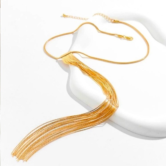 Gold Plated Tassel Fringe Long Statement Necklace - Picture 6 of 9